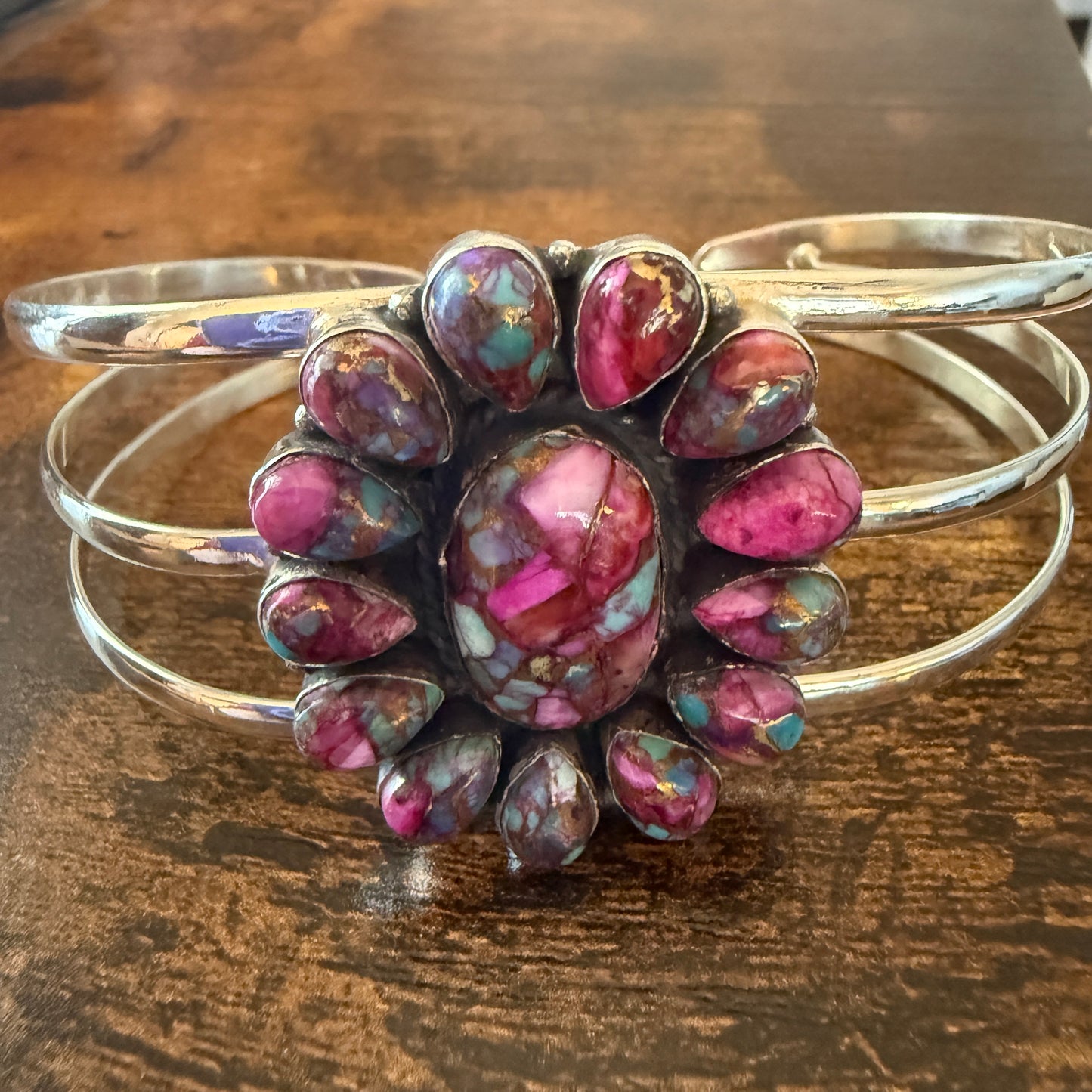 Kingman Pink Dahlia Turquoise Handmade Sterling Silver Adjustable Cuff