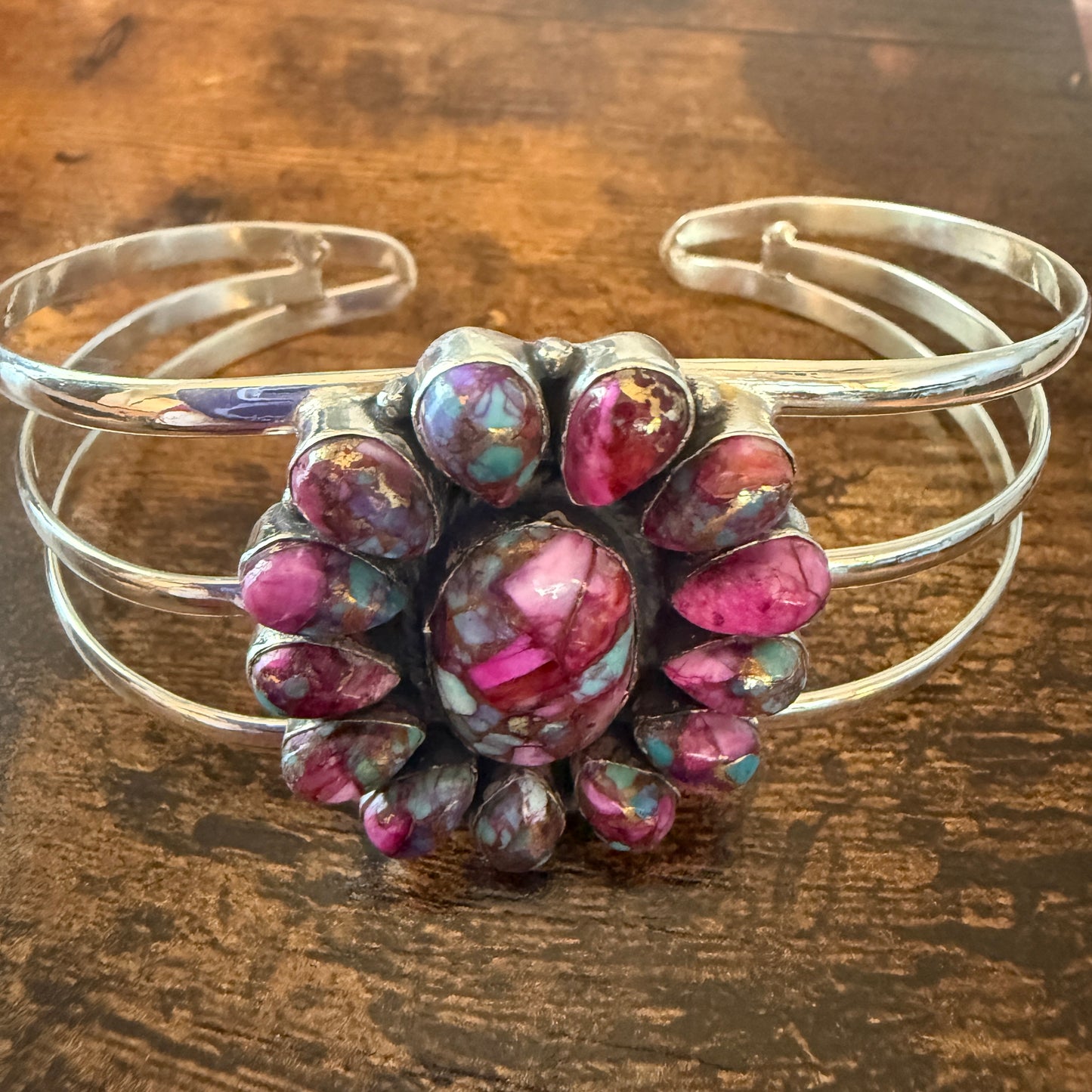 Kingman Pink Dahlia Turquoise Handmade Sterling Silver Adjustable Cuff
