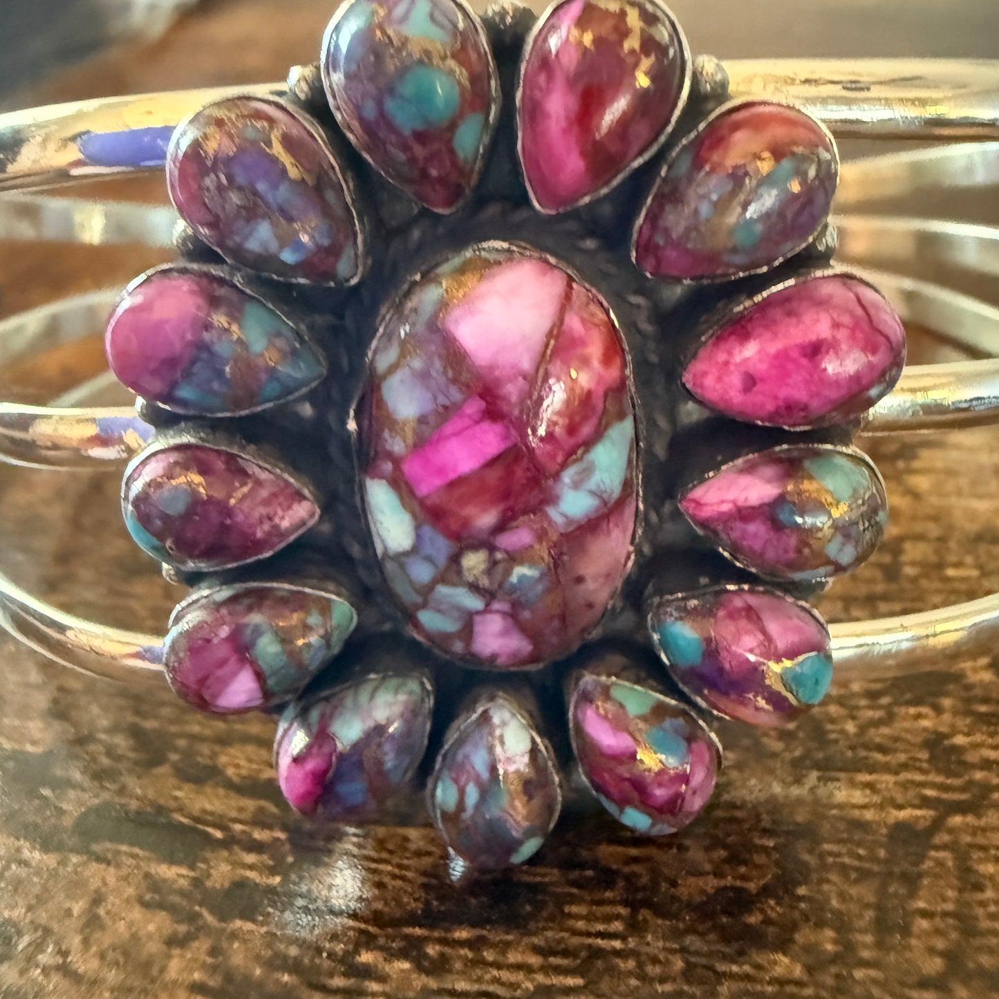 Kingman Pink Dahlia Turquoise Handmade Sterling Silver Adjustable Cuff