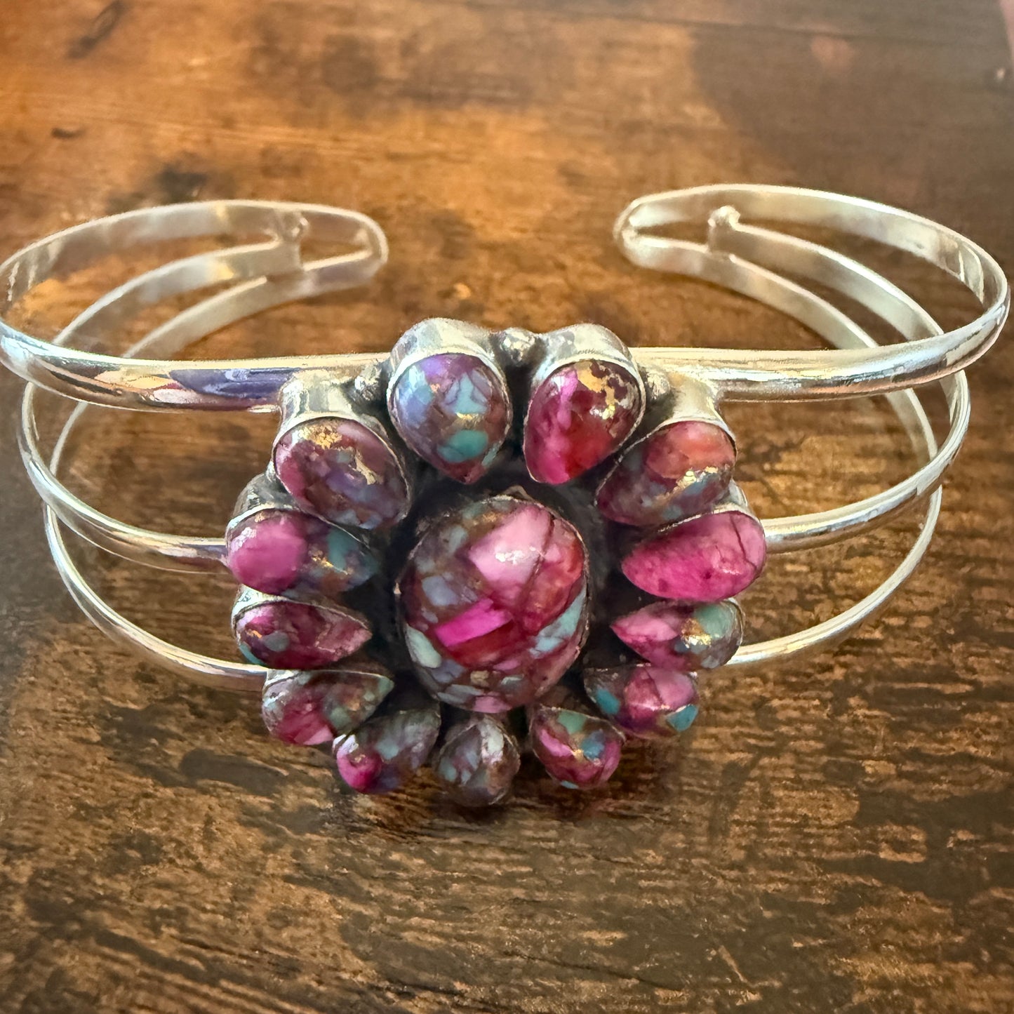 Kingman Pink Dahlia Turquoise Handmade Sterling Silver Adjustable Cuff