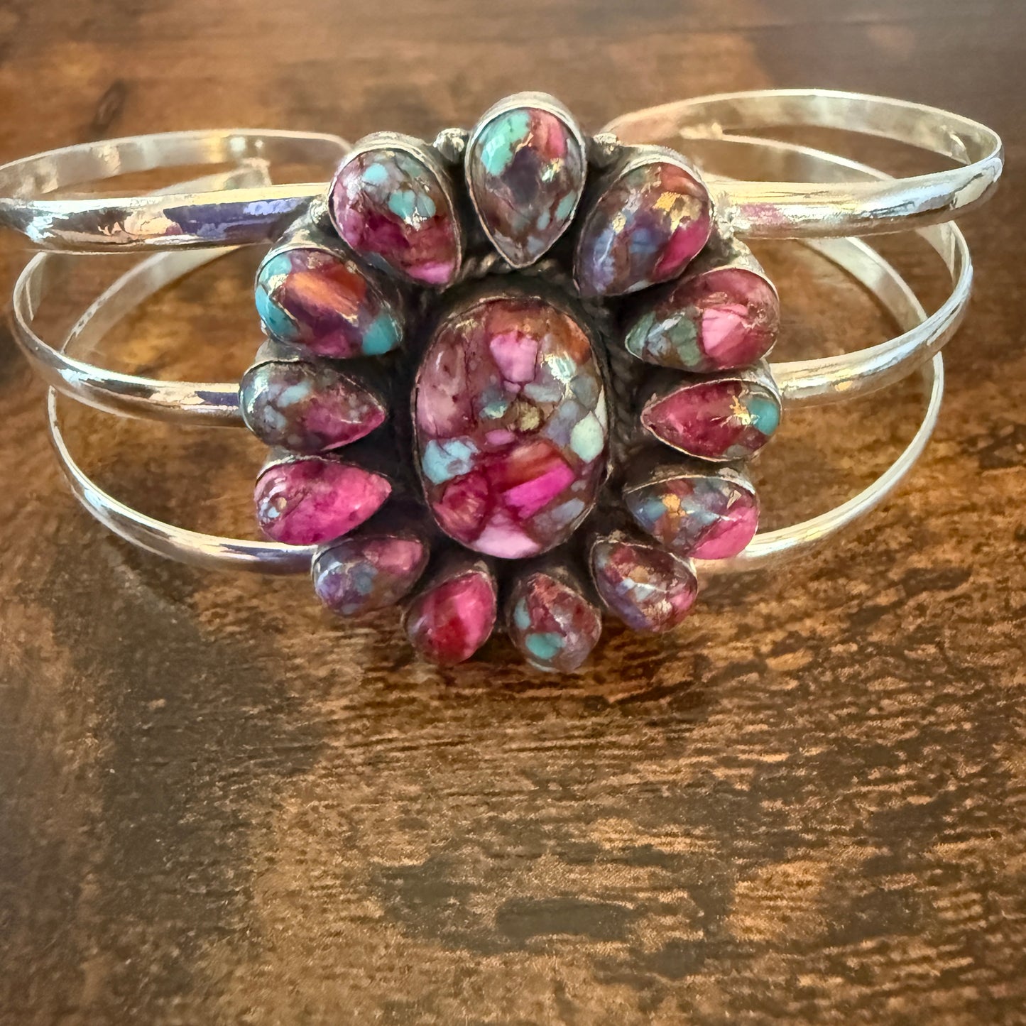 Kingman Pink Dahlia Turquoise Handmade Sterling Silver Adjustable Cuff