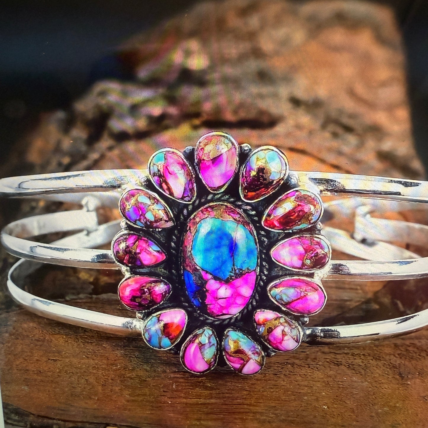 Kingman Pink Dahlia Turquoise Handmade Sterling Silver Adjustable Cuff