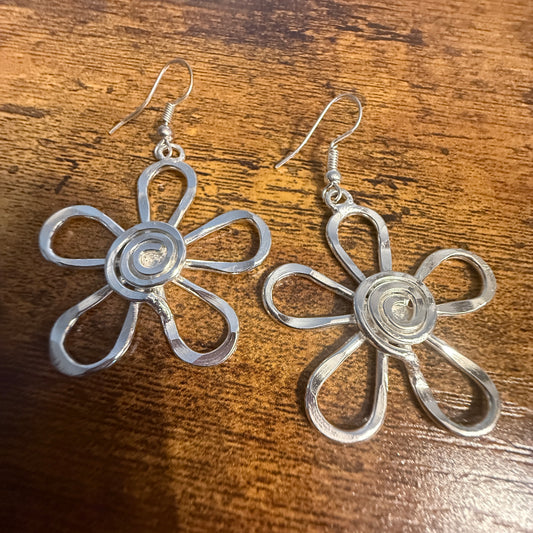 Silver Plated Earrings Spiral Center Flower Handcrafted Disco Vibes Jewelry