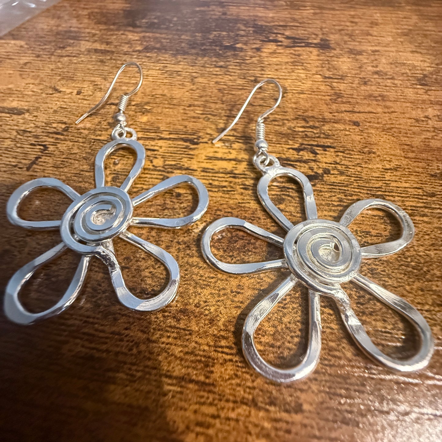 Silver Plated Earrings Spiral Center Flower Handcrafted Disco Vibes Jewelry