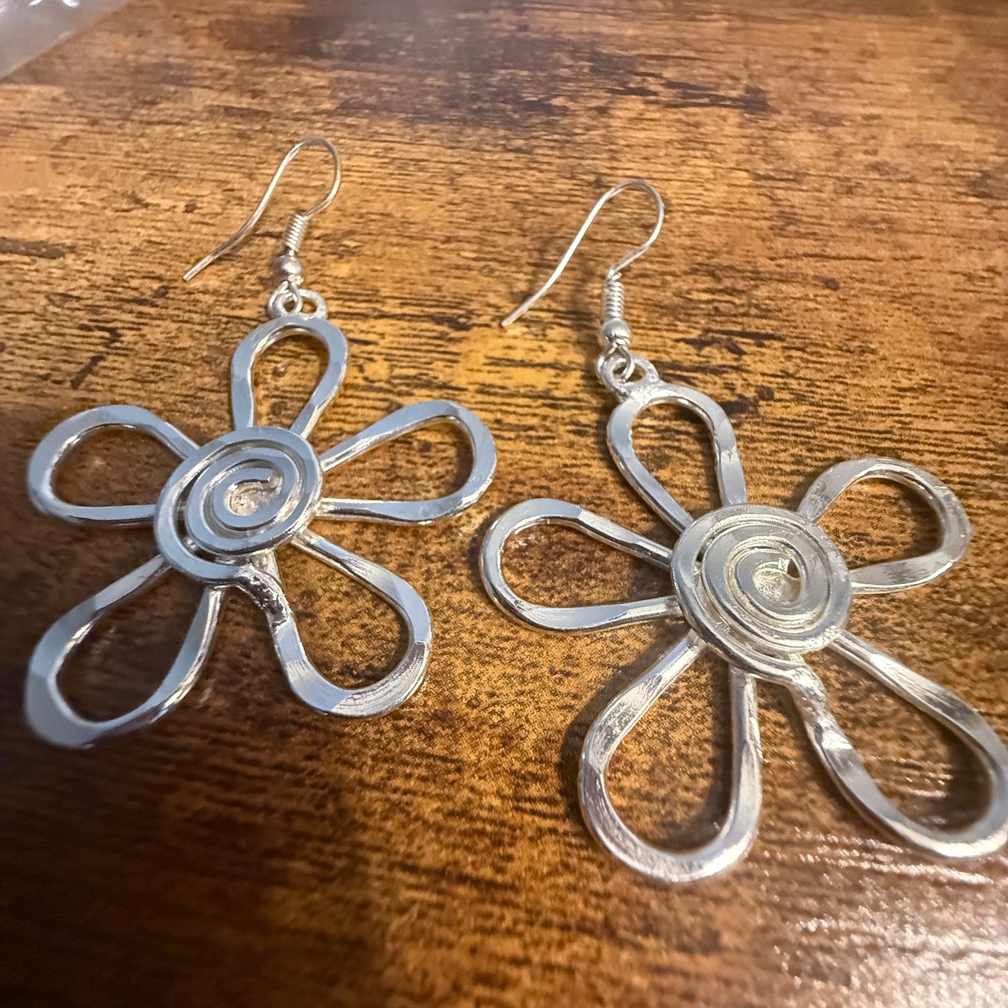 Silver Plated Earrings Spiral Center Flower Handcrafted Disco Vibes Jewelry