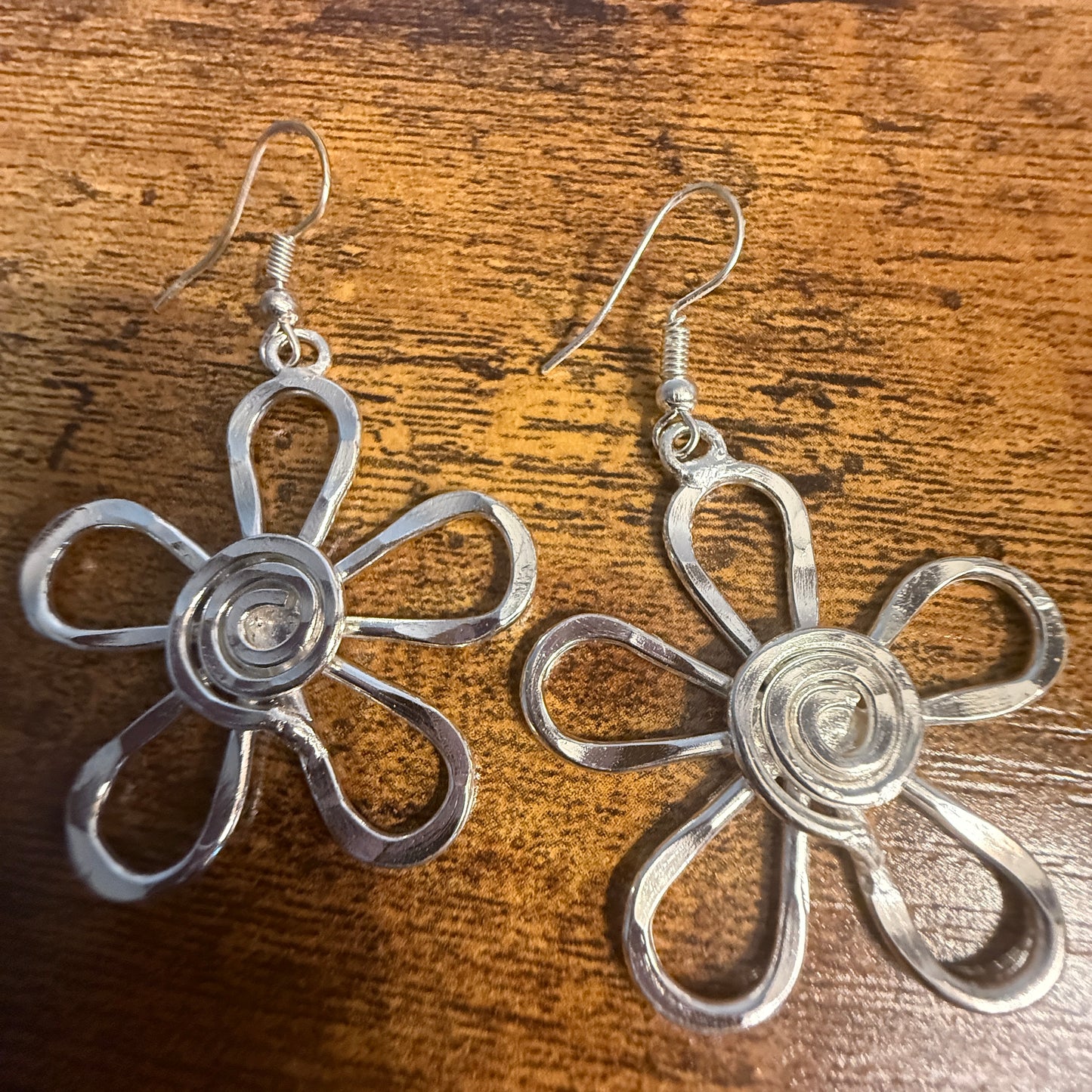 Silver Plated Earrings Spiral Center Flower Handcrafted Disco Vibes Jewelry