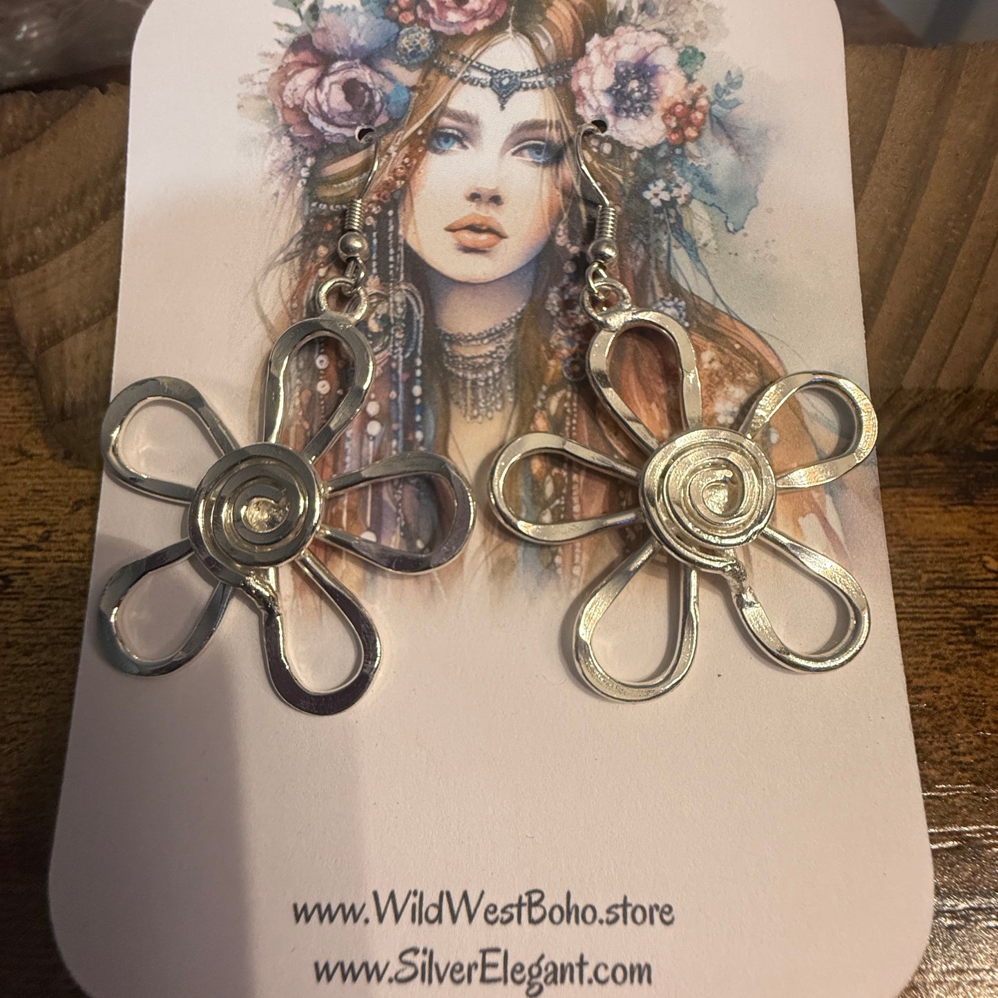 Silver Plated Earrings Spiral Center Flower Handcrafted Disco Vibes Jewelry