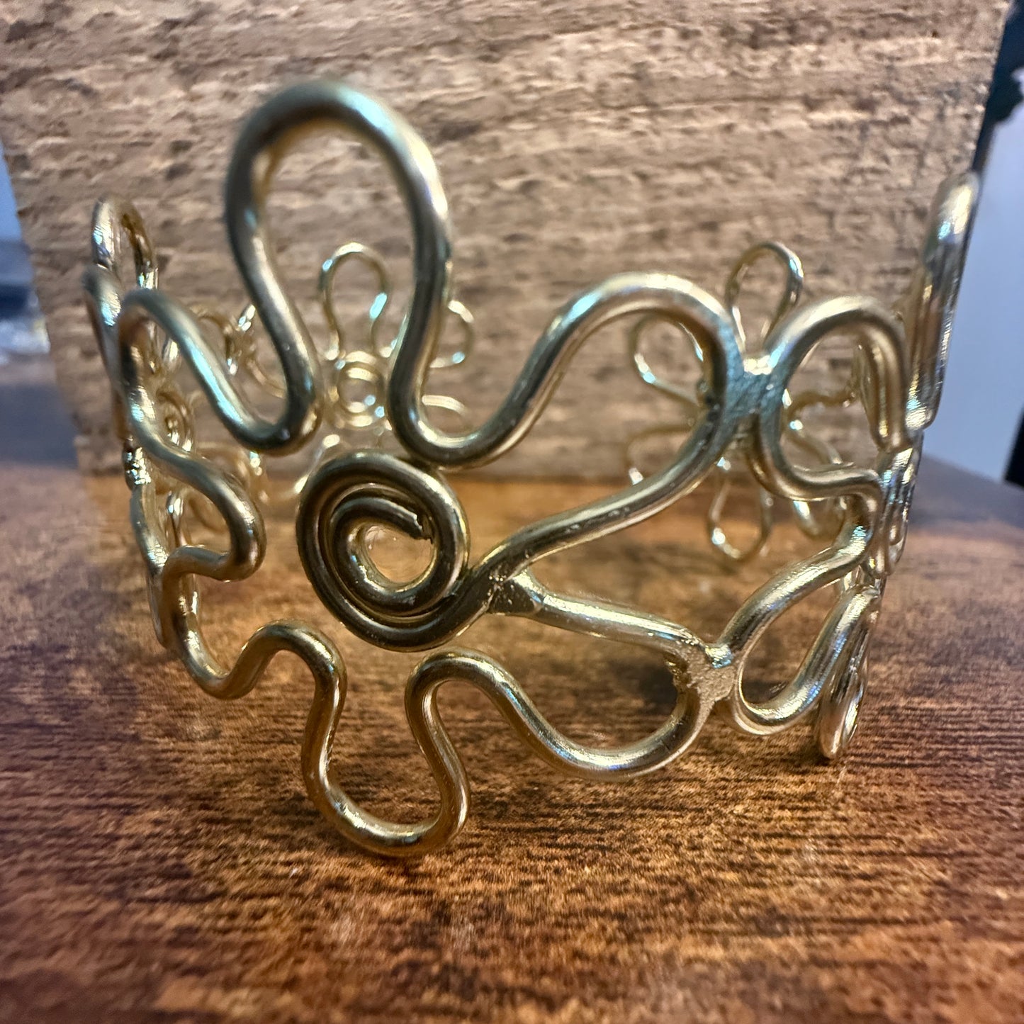 Gold Plated Floral Cuff With Intricate Botanical Design