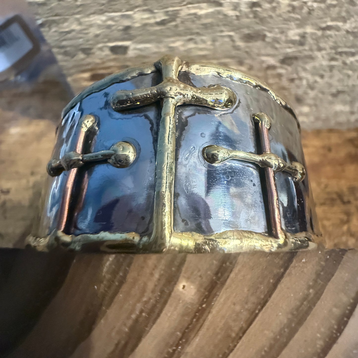 Mixed Metal Cuff Bracelet With Three Gold Crosses Copper Brass Stainless Steel