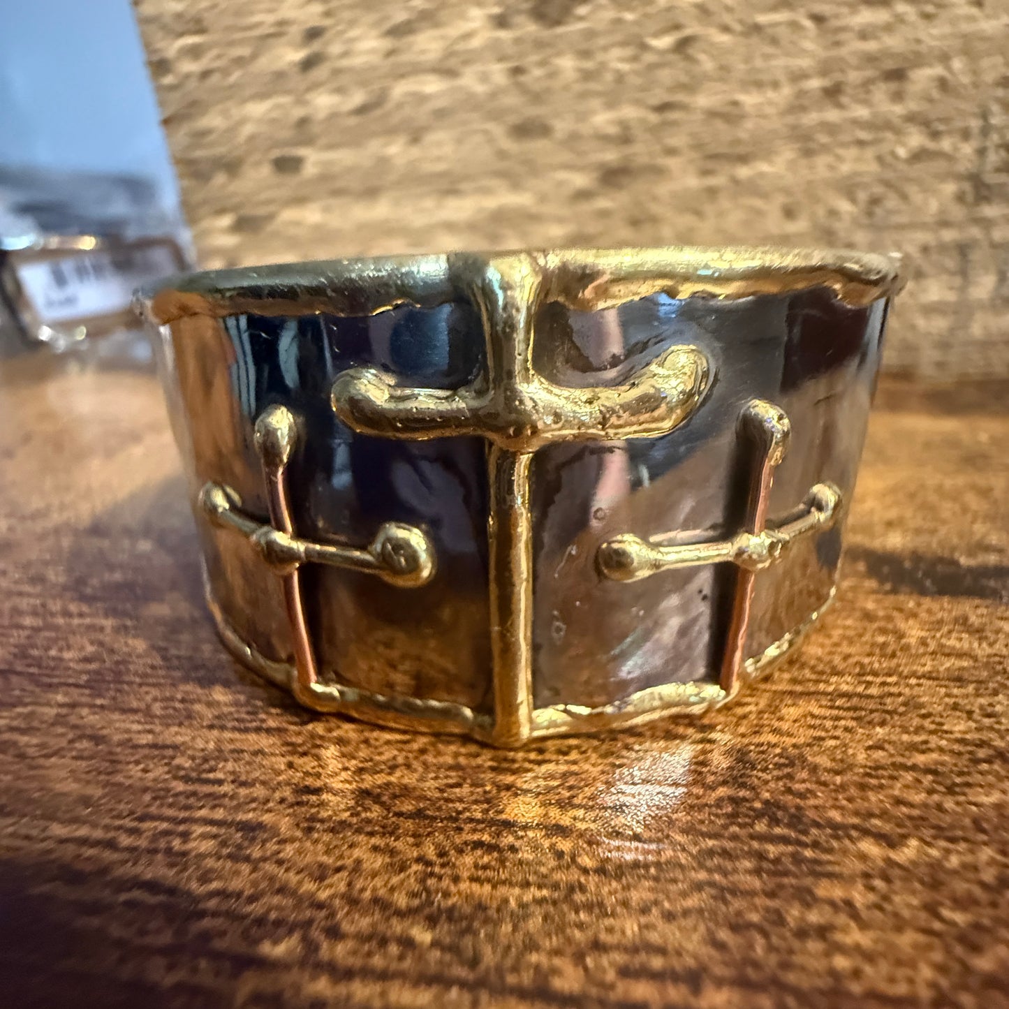 Mixed Metal Cuff Bracelet With Three Gold Crosses Copper Brass Stainless Steel