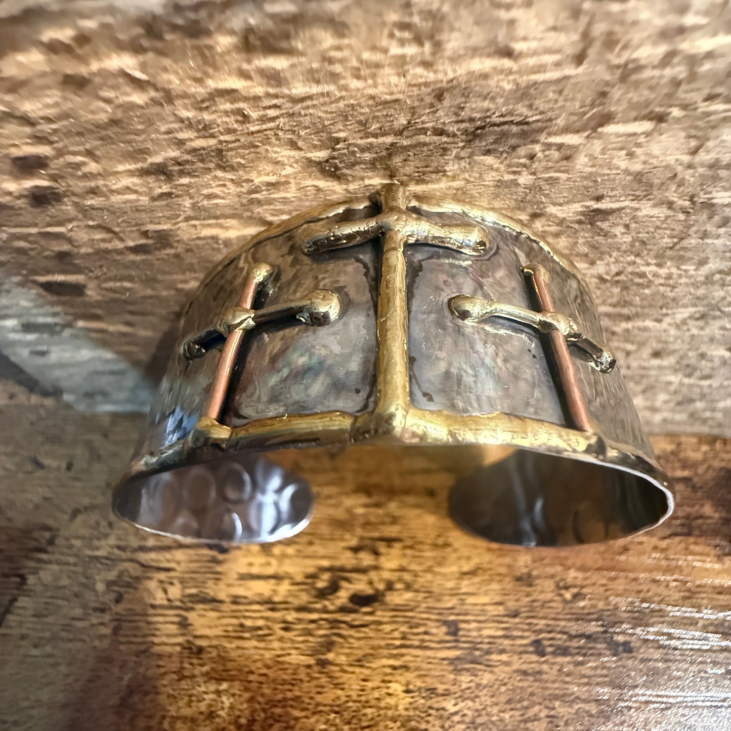 Mixed Metal Cuff Bracelet With Three Gold Crosses Copper Brass Stainless Steel
