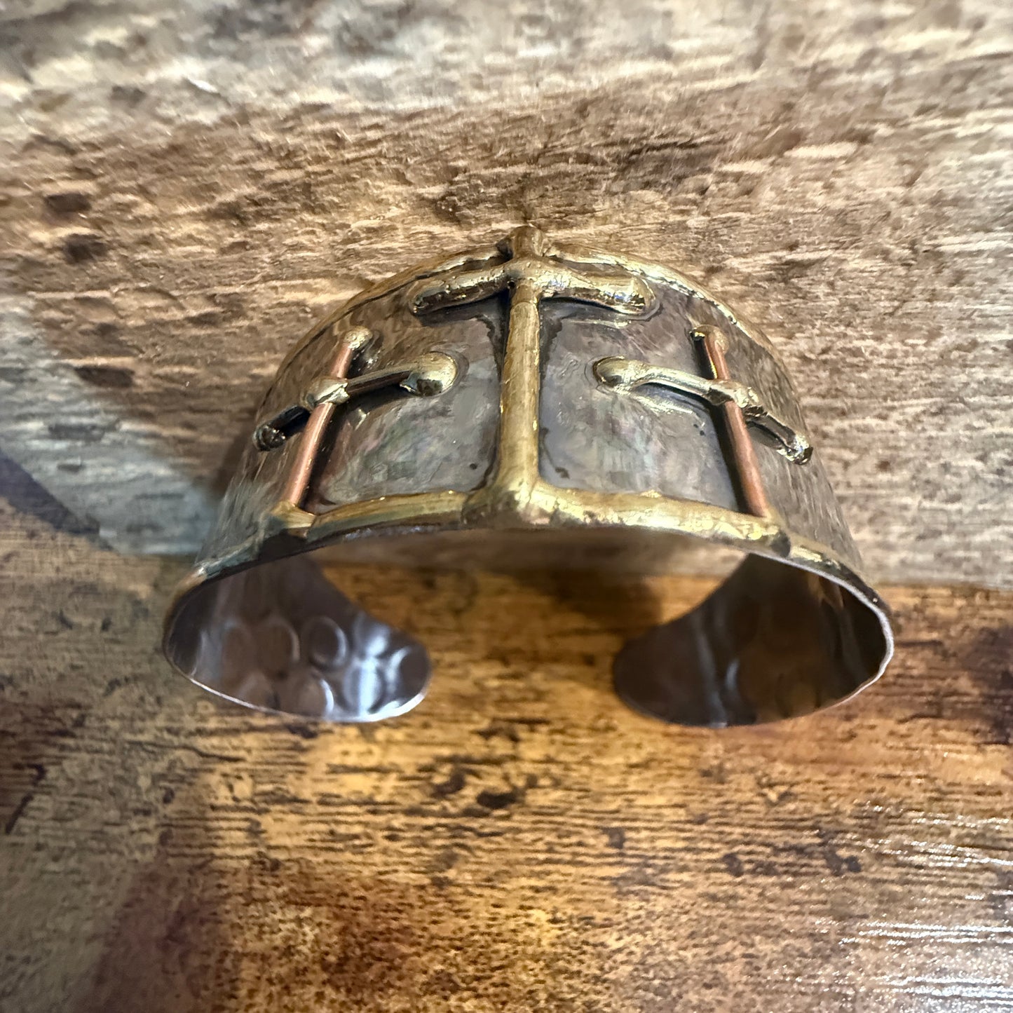 Mixed Metal Cuff Bracelet With Three Gold Crosses Copper Brass Stainless Steel