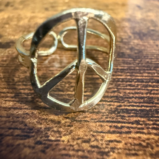 Gold Plated Adjustable Peace Sign Ring Handmade Brass Jewelry