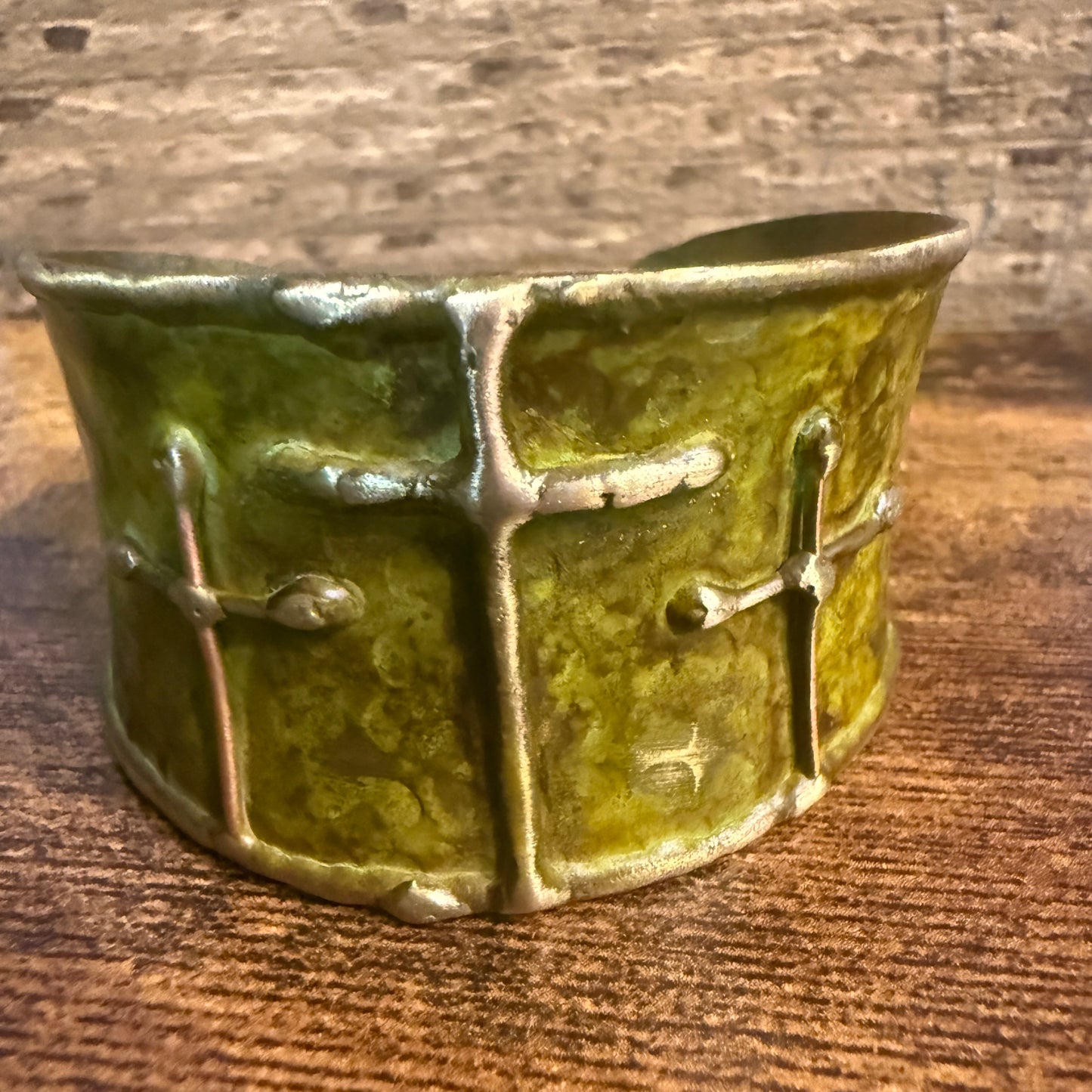 Brass Patina Cuff Bracelet Green Crosses Handcrafted Statement Jewelry