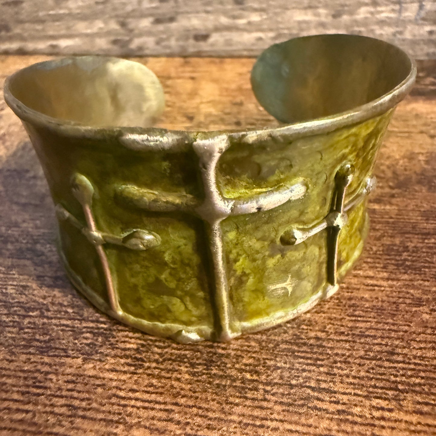 Brass Patina Cuff Bracelet Green Crosses Handcrafted Statement Jewelry