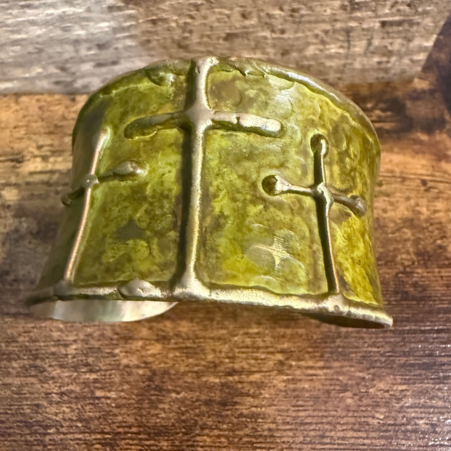 Brass Patina Cuff Bracelet Green Crosses Handcrafted Statement Jewelry