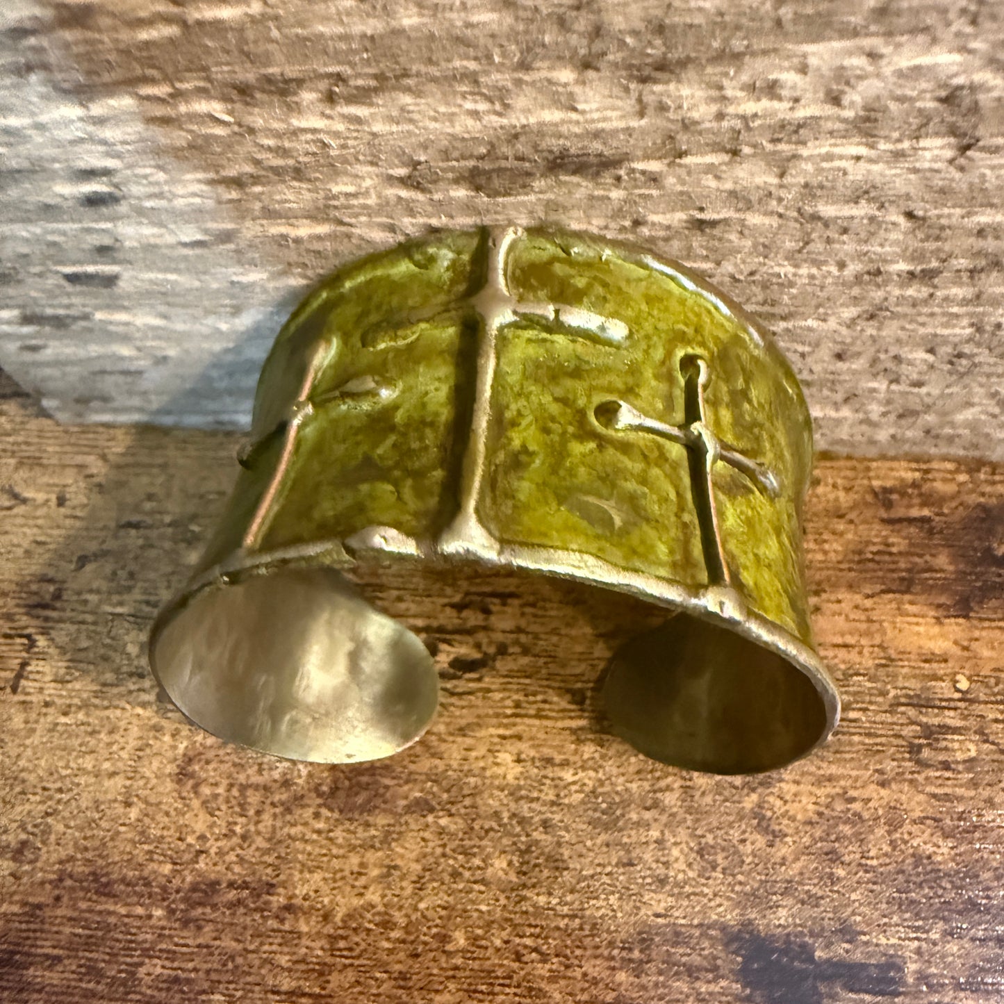 Brass Patina Cuff Bracelet Green Crosses Handcrafted Statement Jewelry