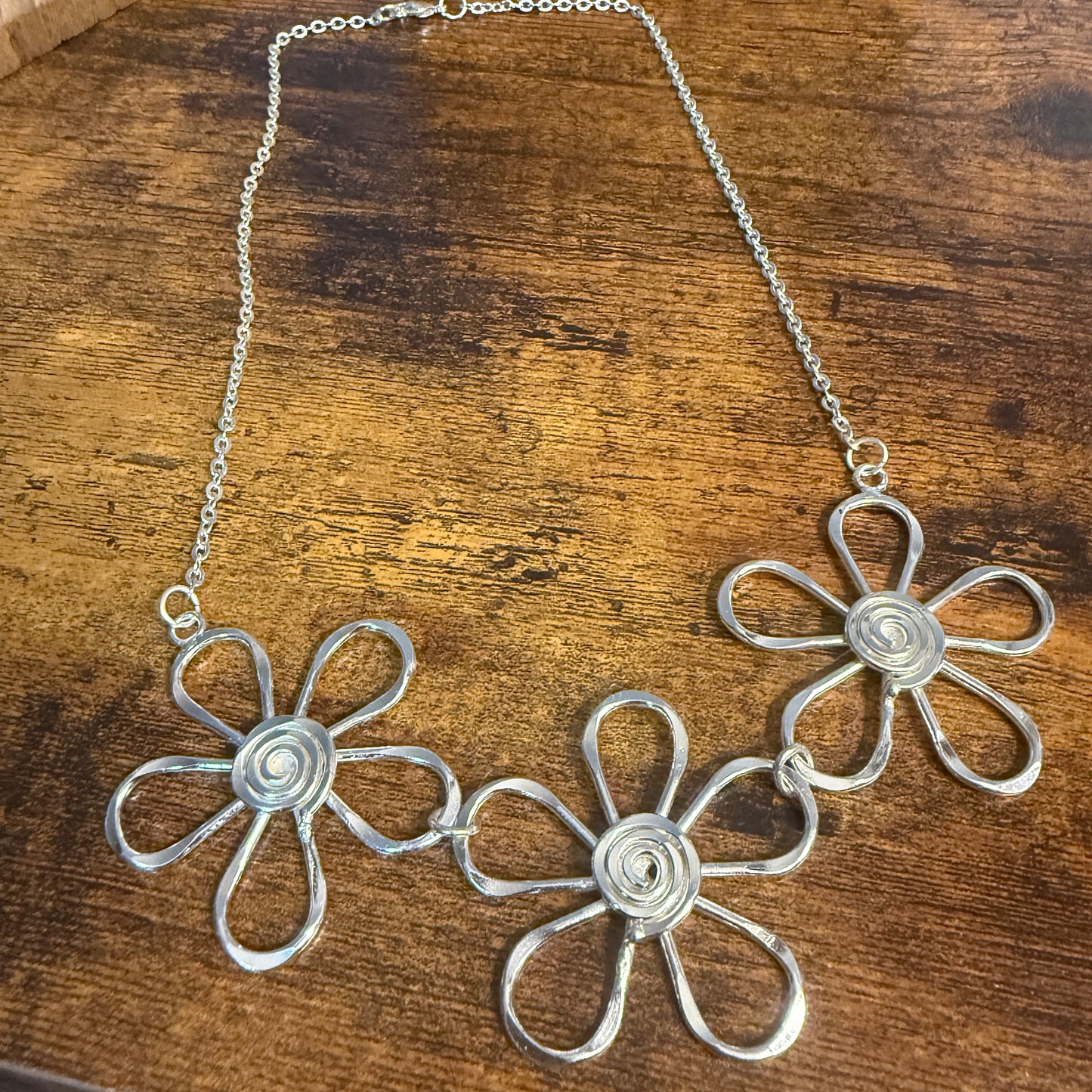 Handmade Sterling Silver Plated Necklace With Spiral Center Flowers