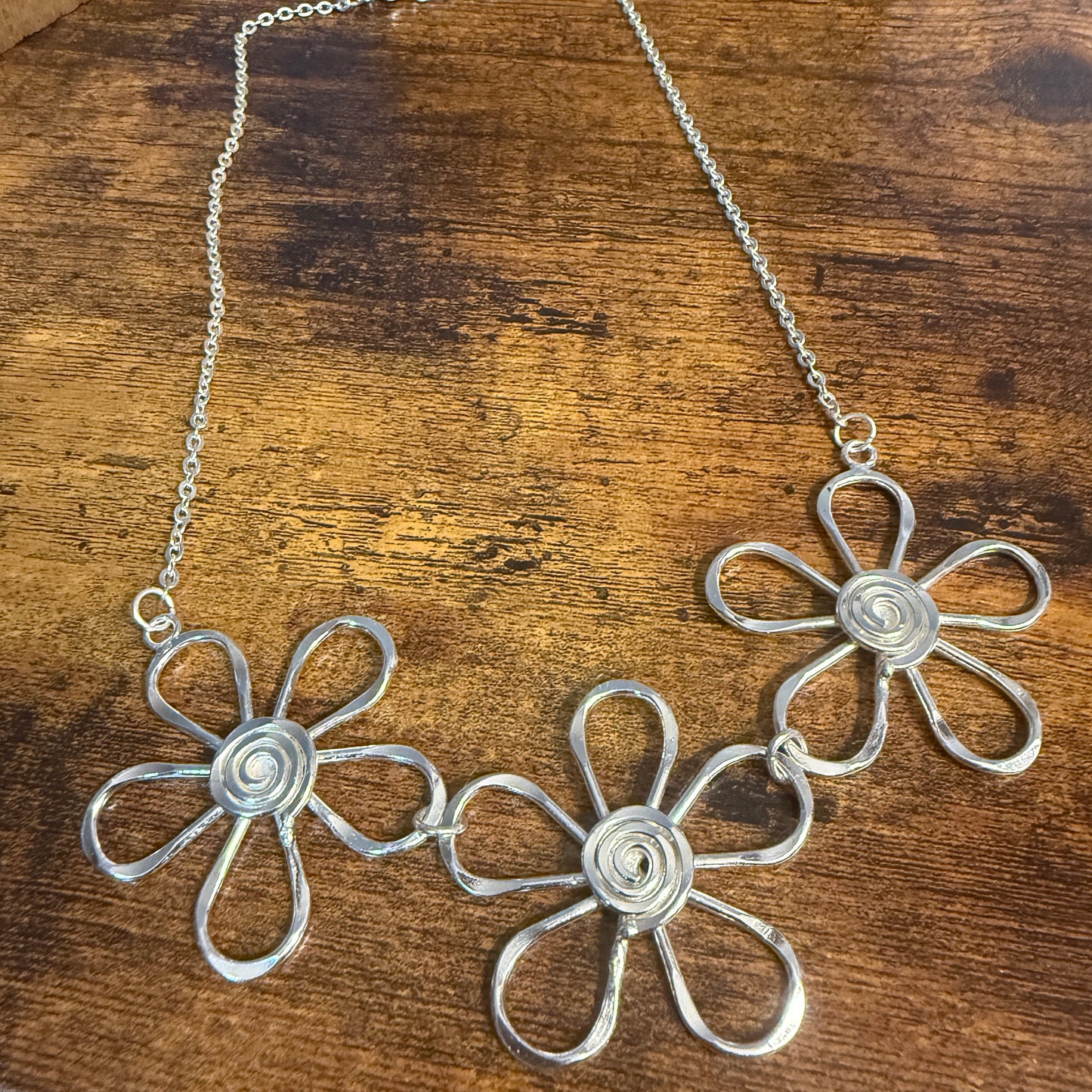 Handmade Sterling Silver Plated Necklace With Spiral Center Flowers