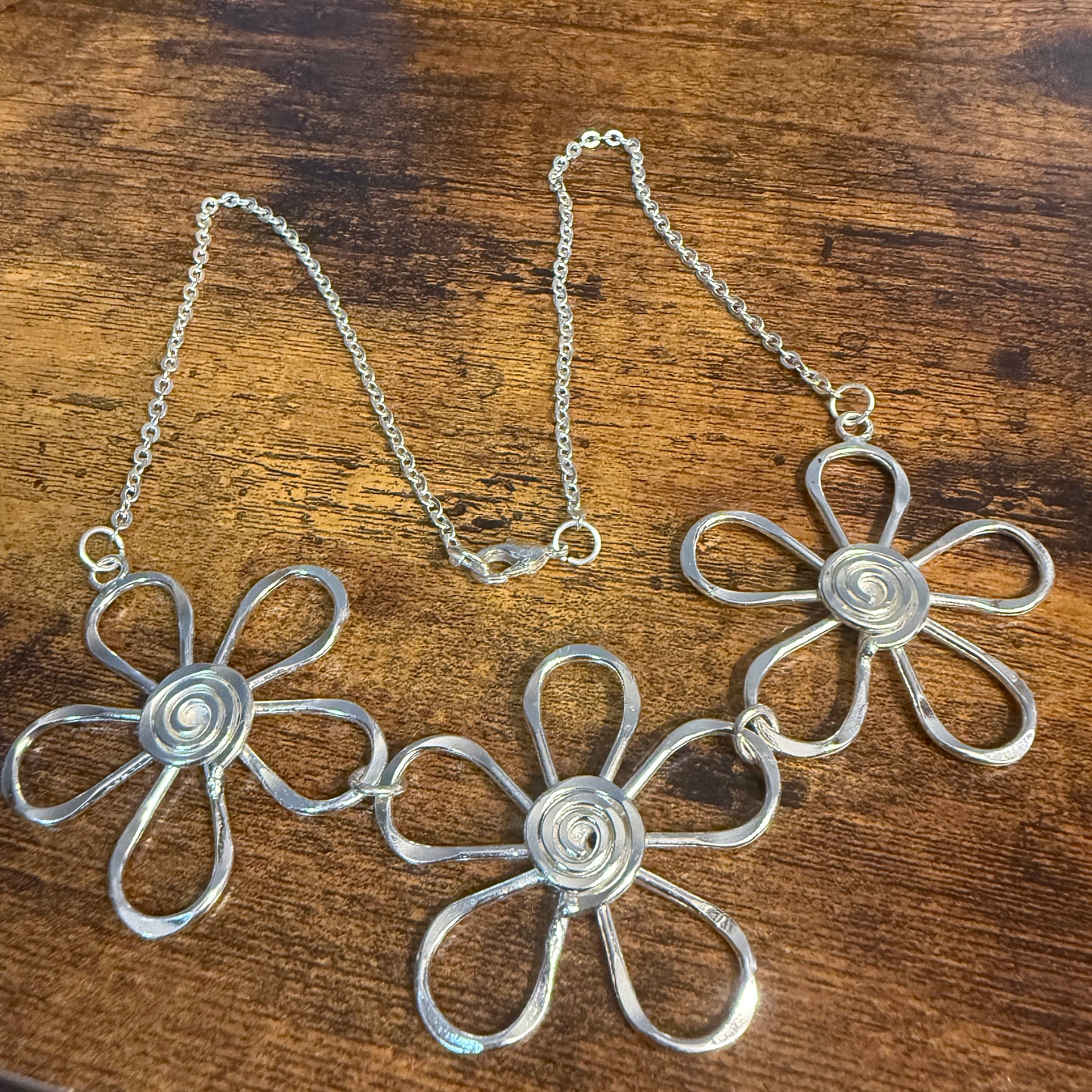 Handmade Sterling Silver Plated Necklace With Spiral Center Flowers