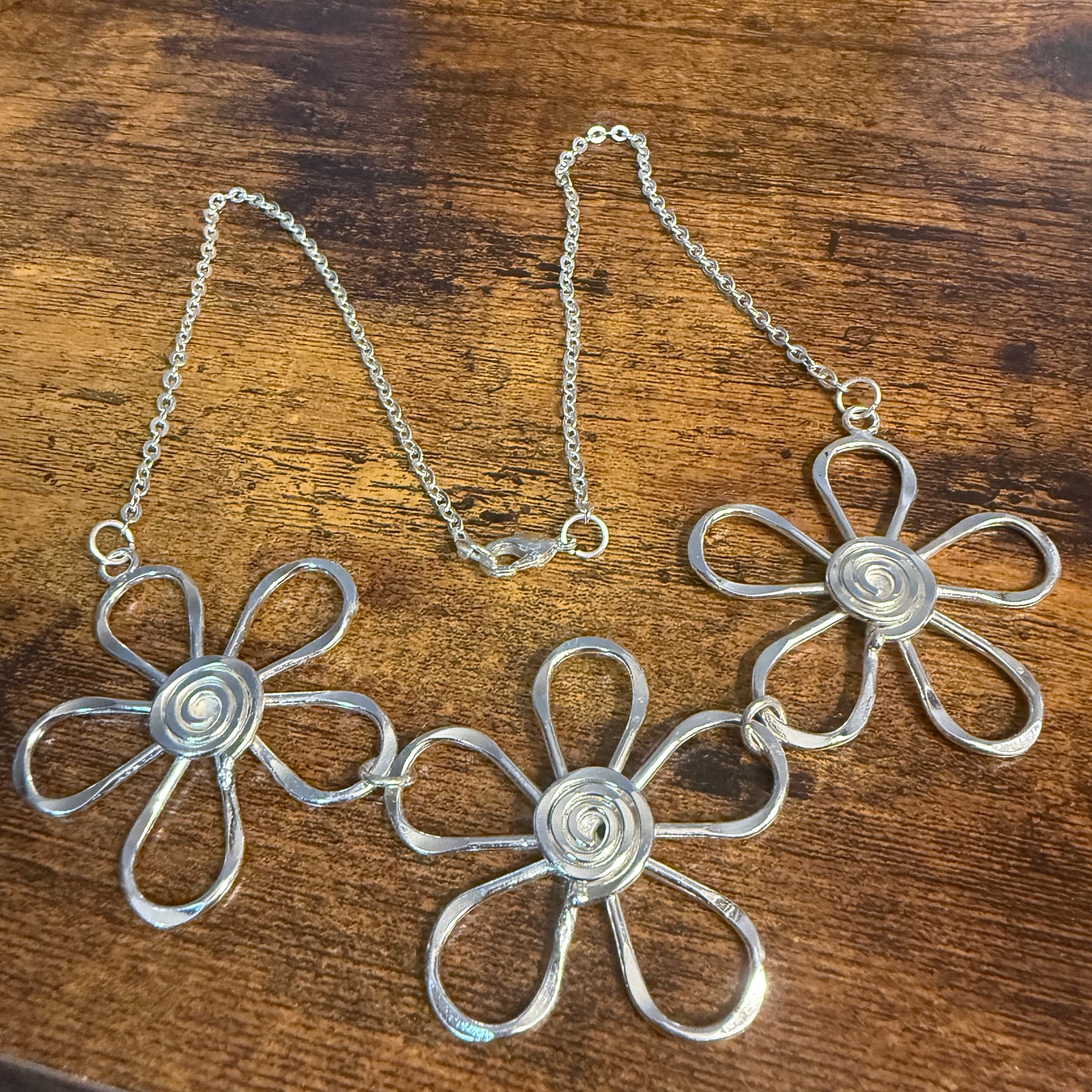 Handmade Sterling Silver Plated Necklace With Spiral Center Flowers