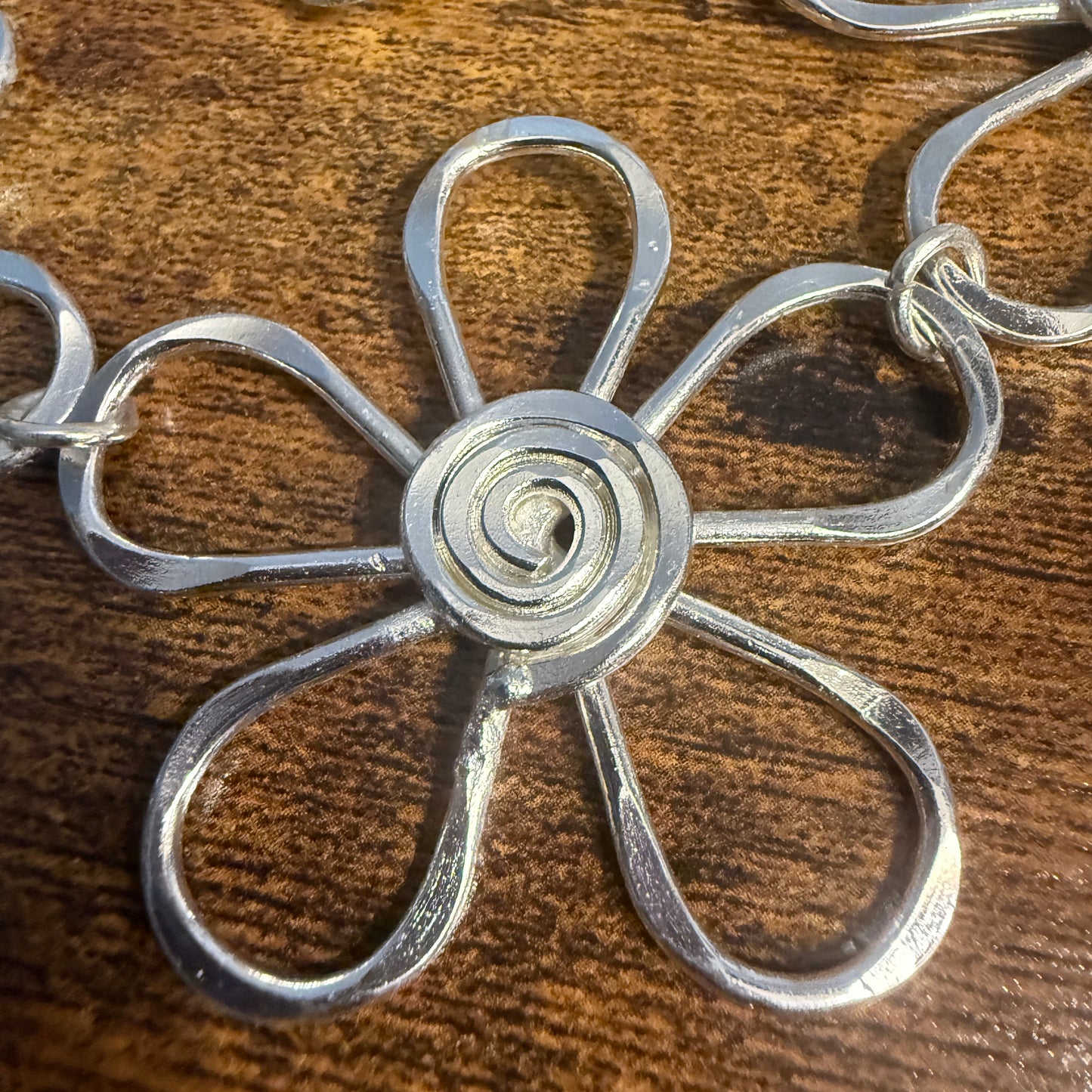 Handmade Sterling Silver Plated Necklace With Spiral Center Flowers