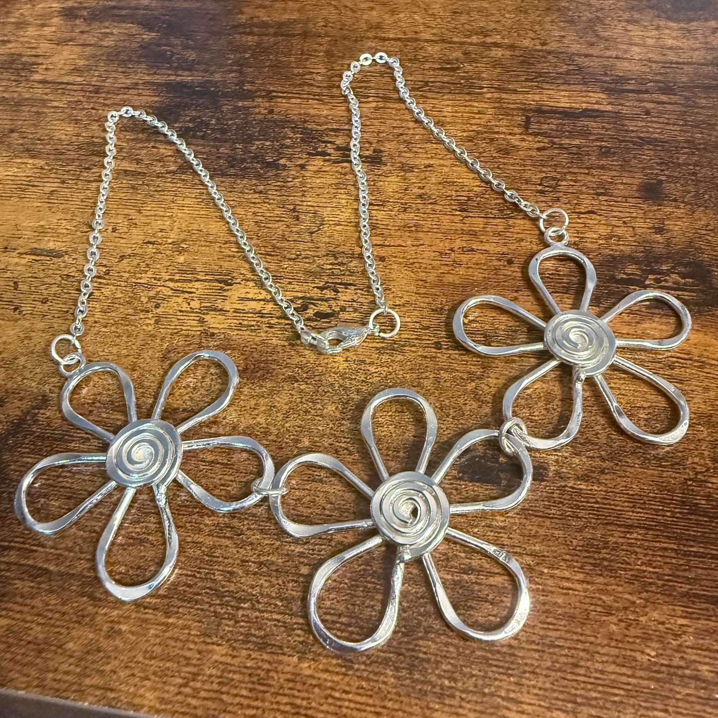 Handmade Sterling Silver Plated Necklace With Spiral Center Flowers
