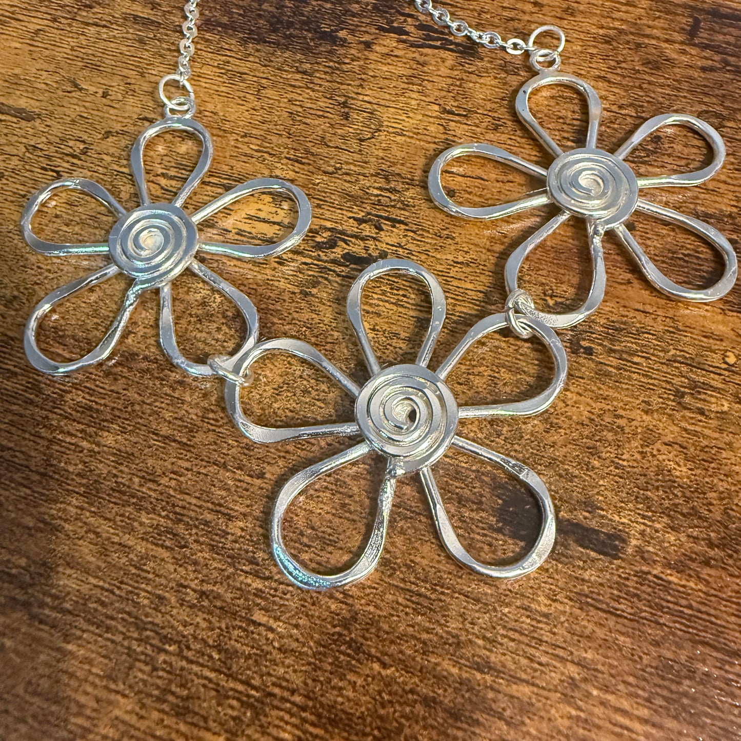 Handmade Sterling Silver Plated Necklace With Spiral Center Flowers