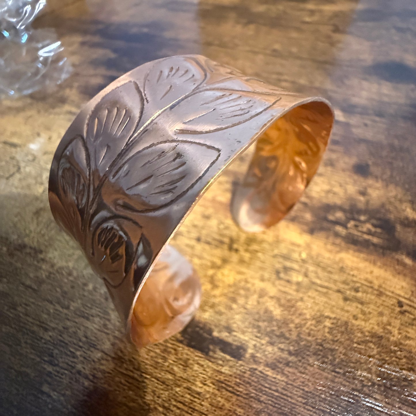 Handcrafted Copper Leaf Trail Cuff With Etched Leaf Design