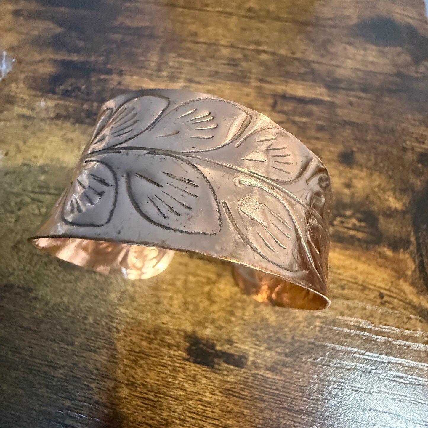 Handcrafted Copper Leaf Trail Cuff With Etched Leaf Design