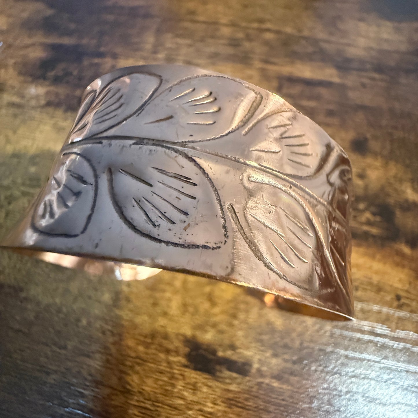 Handcrafted Copper Leaf Trail Cuff With Etched Leaf Design