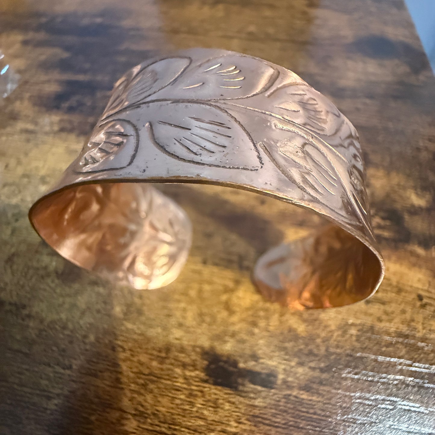 Handcrafted Copper Leaf Trail Cuff With Etched Leaf Design
