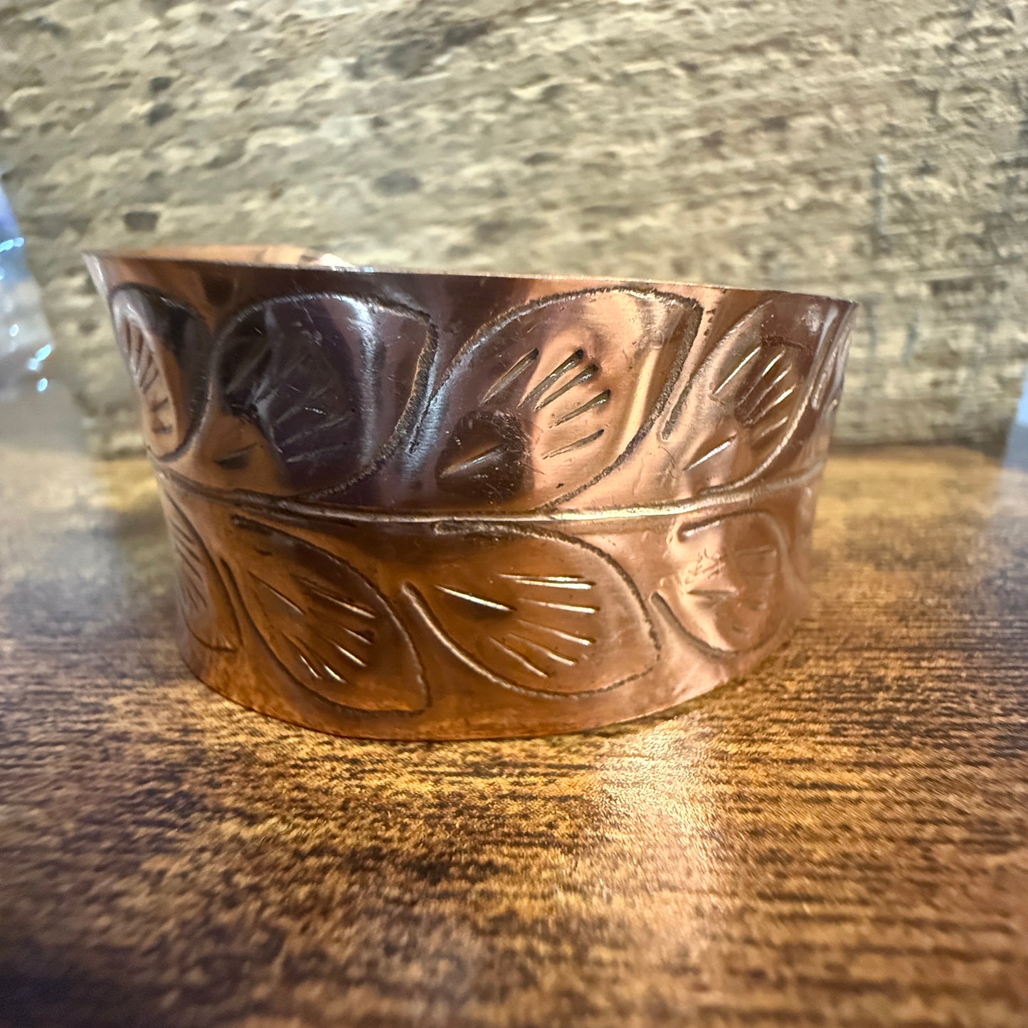 Handcrafted Copper Leaf Trail Cuff With Etched Leaf Design