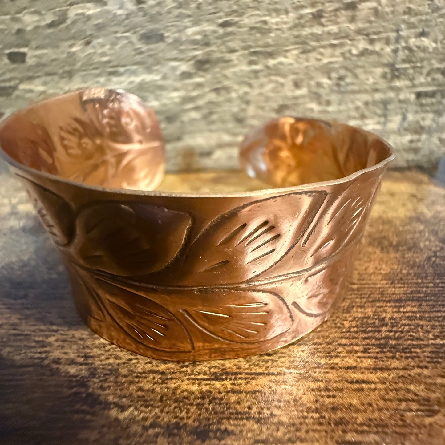 Handcrafted Copper Leaf Trail Cuff With Etched Leaf Design