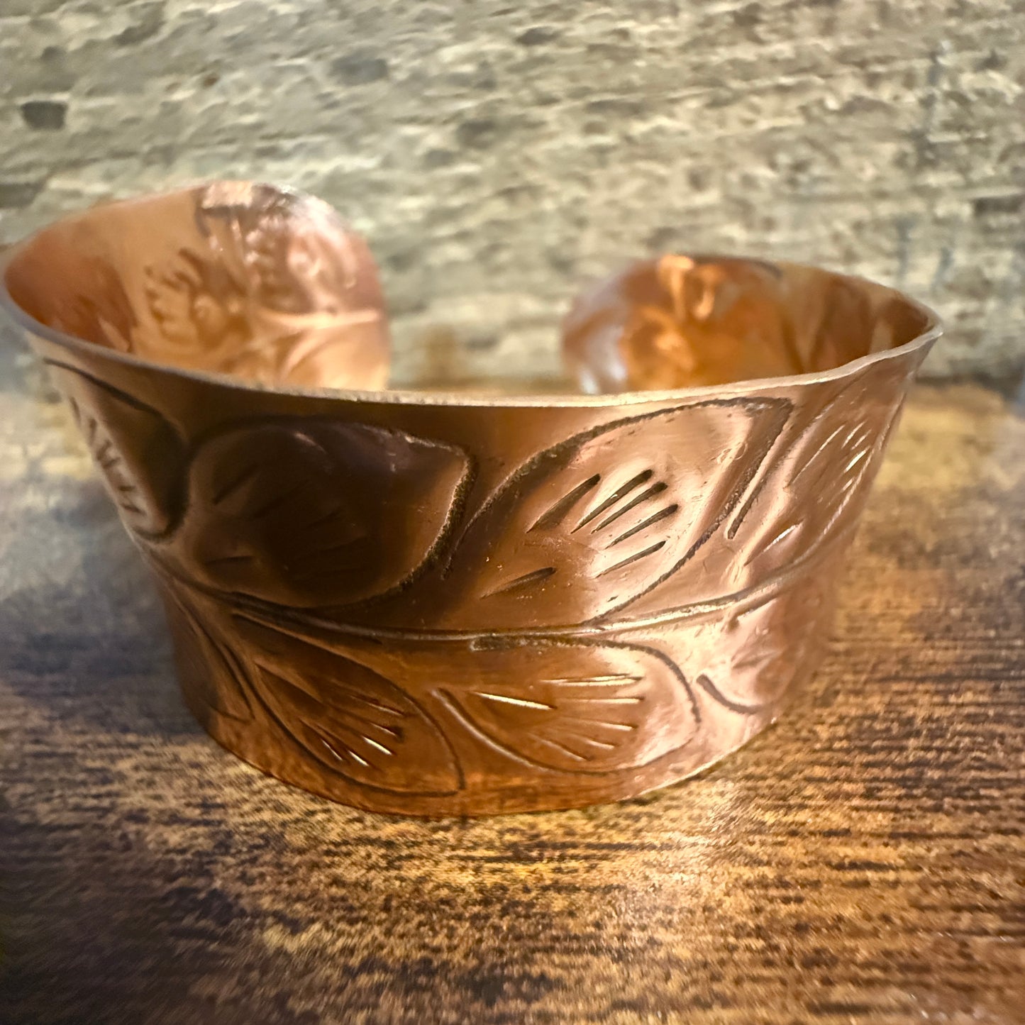 Handcrafted Copper Leaf Trail Cuff With Etched Leaf Design