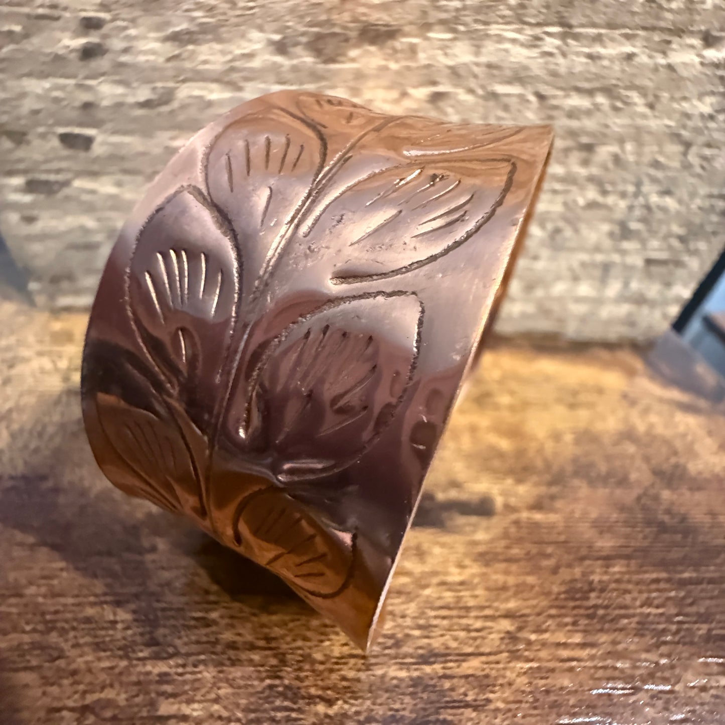 Handcrafted Copper Leaf Trail Cuff With Etched Leaf Design