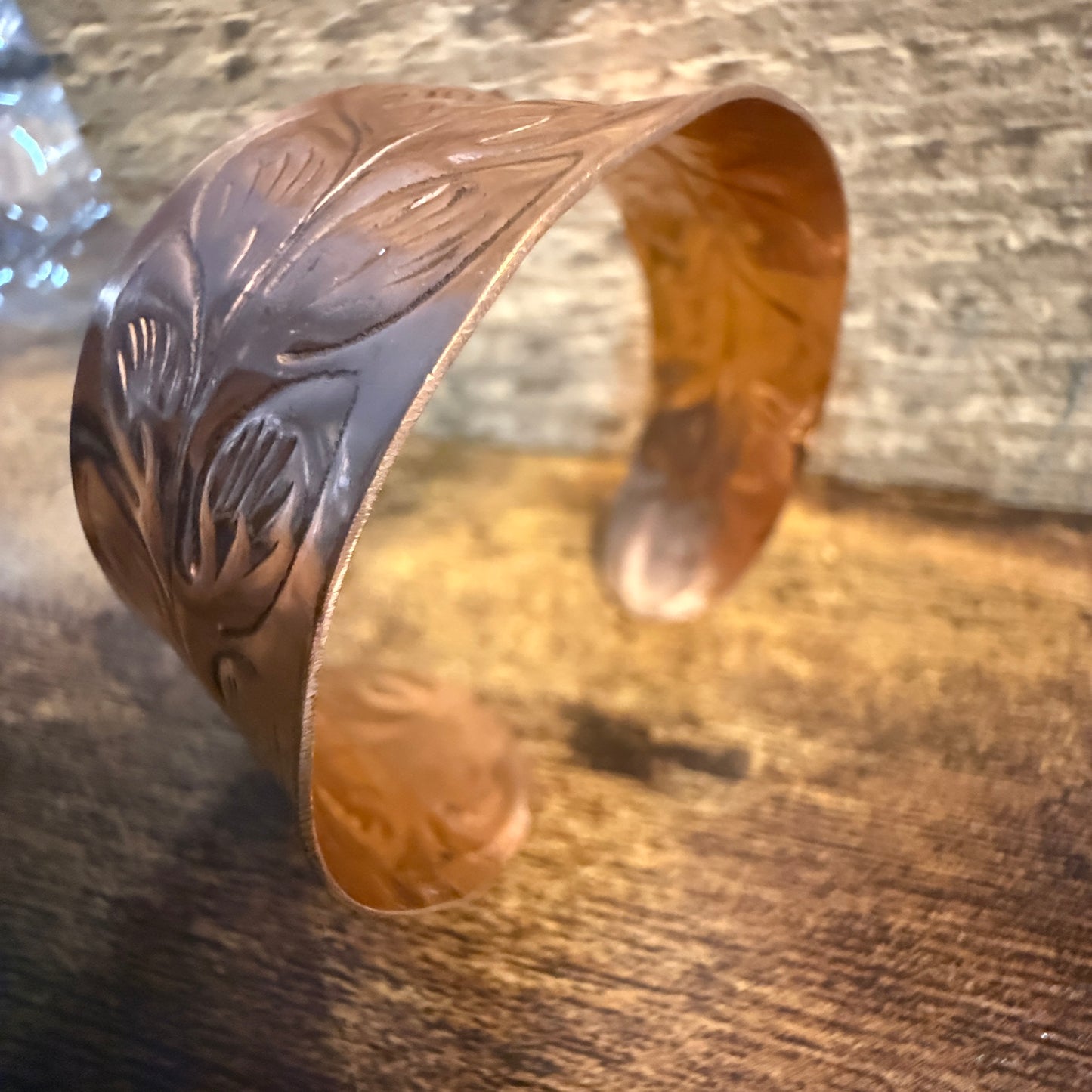 Handcrafted Copper Leaf Trail Cuff With Etched Leaf Design