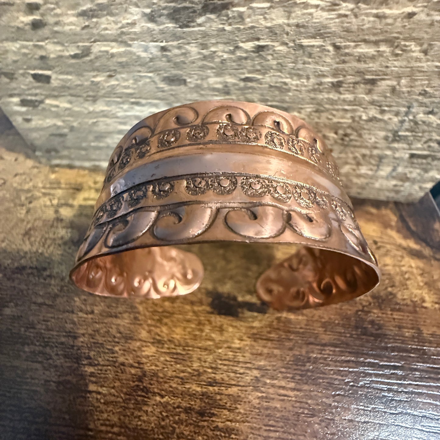 Ocean Wave Copper Cuff With Scrollwork Handcrafted Jewelry