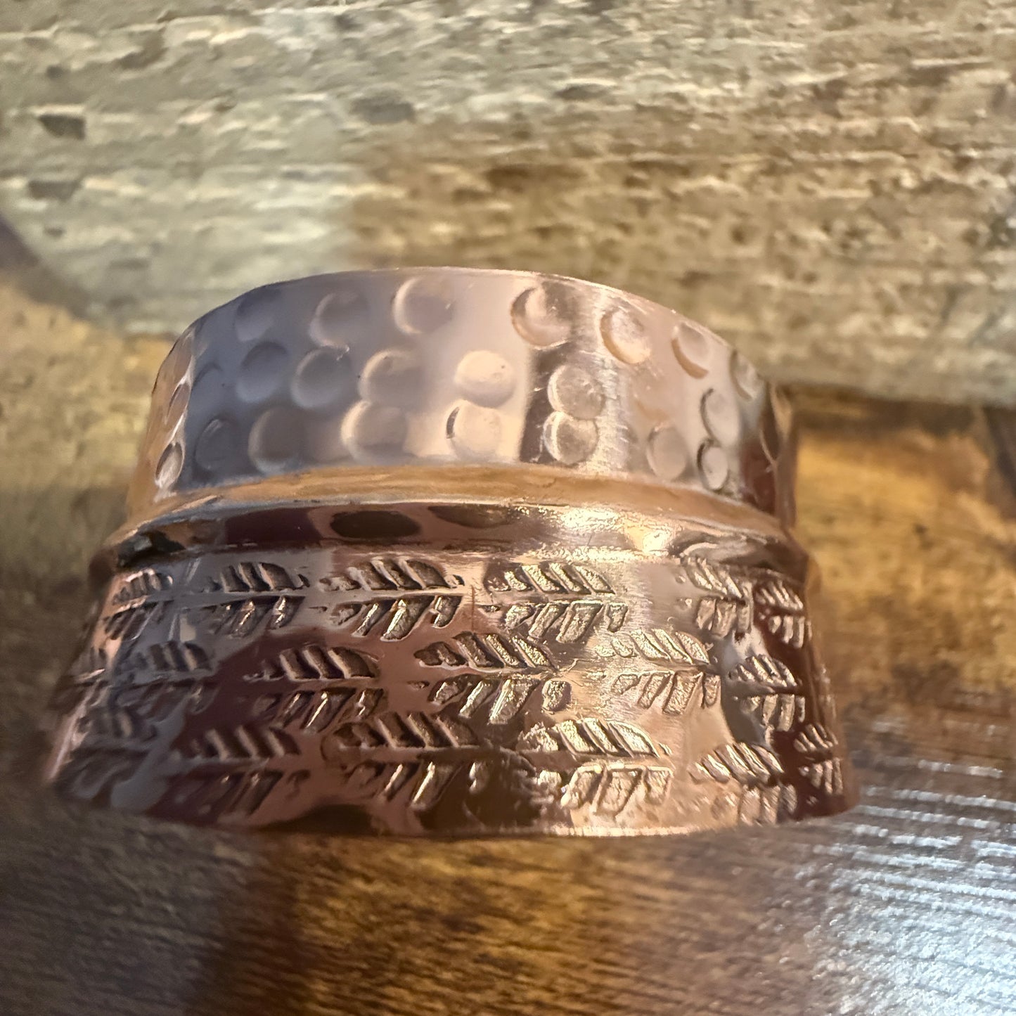 Copper Cuff Bracelet Dual Texture Hammered Crosshatched