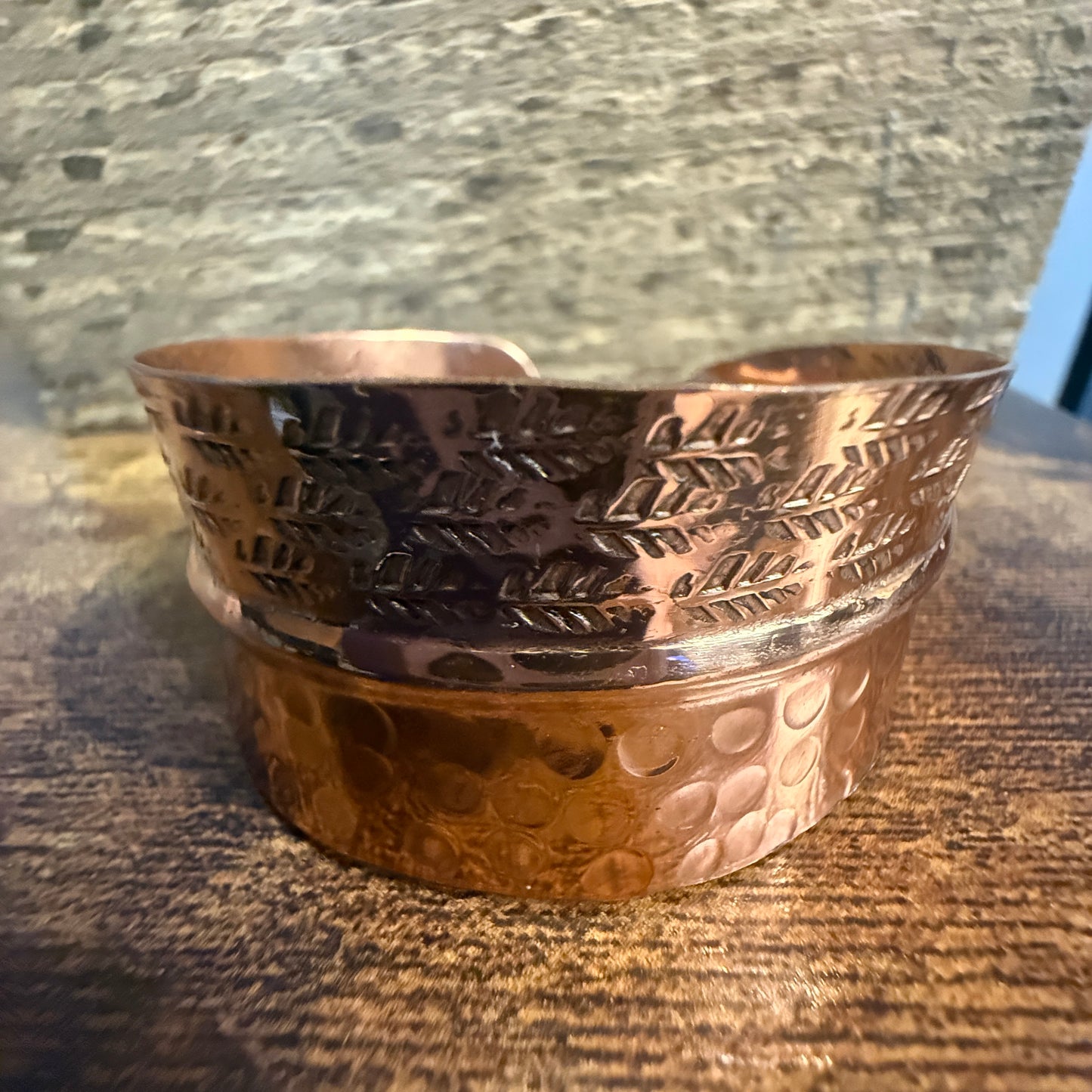 Copper Cuff Bracelet Dual Texture Hammered Crosshatched