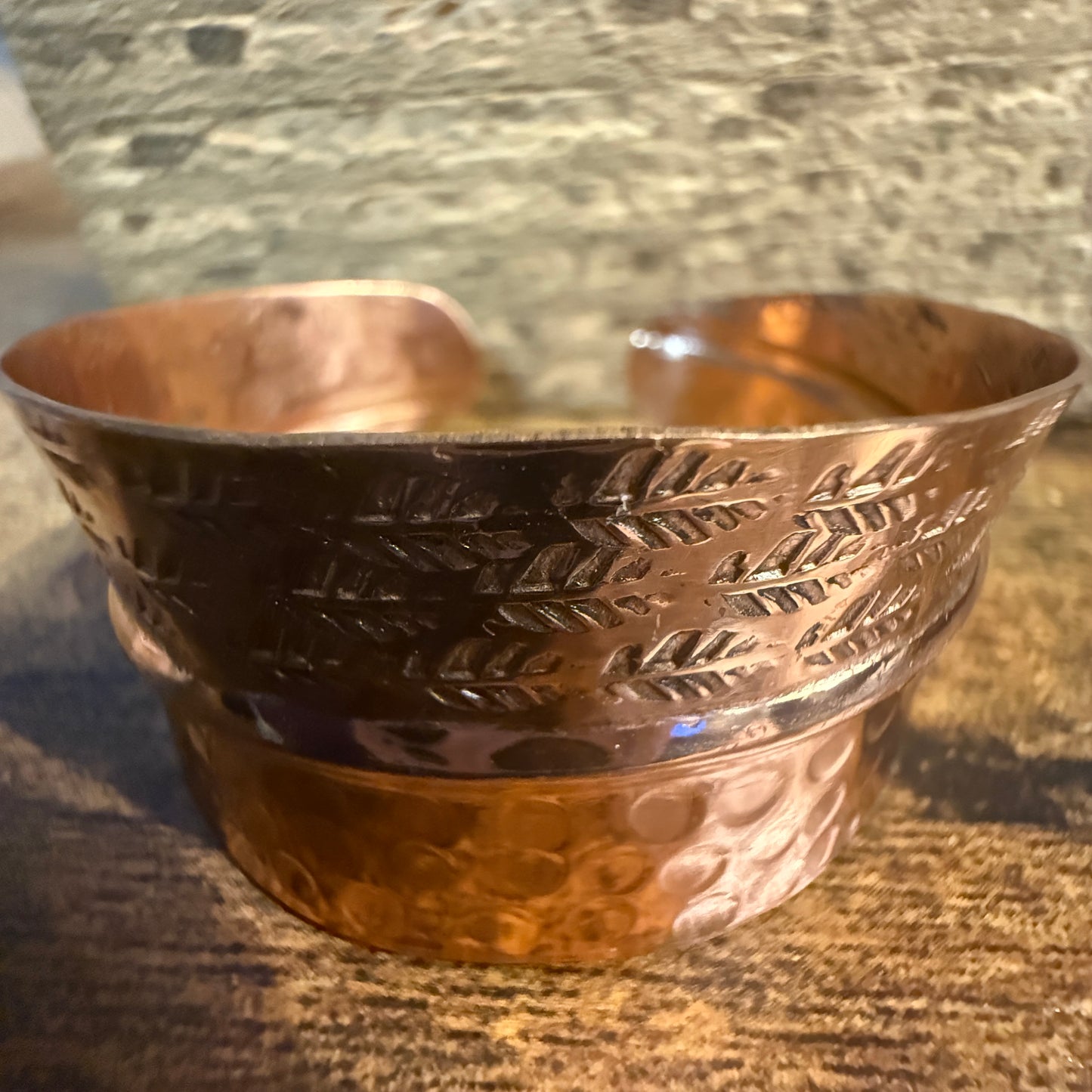 Copper Cuff Bracelet Dual Texture Hammered Crosshatched