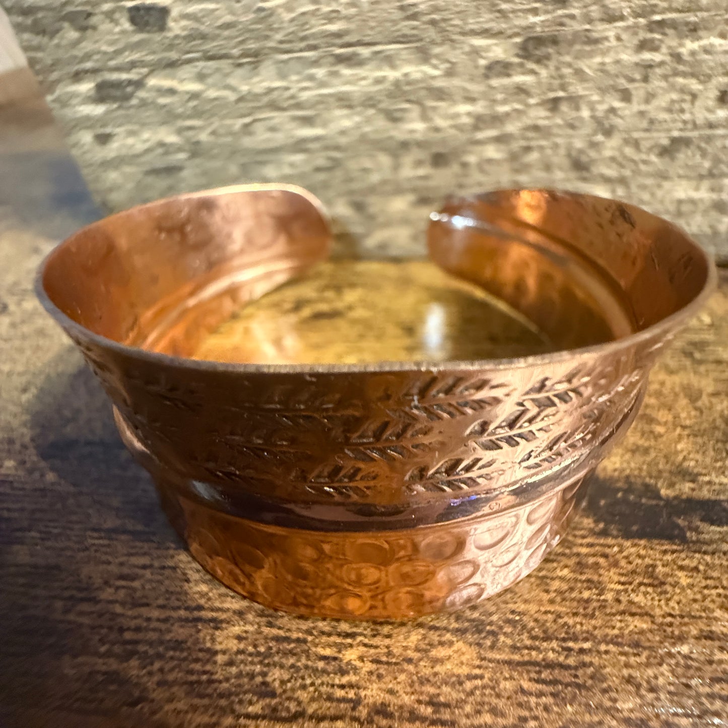 Copper Cuff Bracelet Dual Texture Hammered Crosshatched