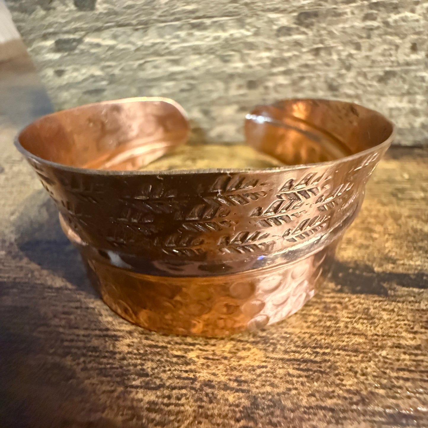 Copper Cuff Bracelet Dual Texture Hammered Crosshatched