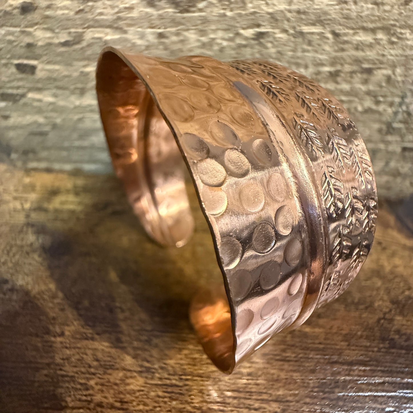 Copper Cuff Bracelet Dual Texture Hammered Crosshatched
