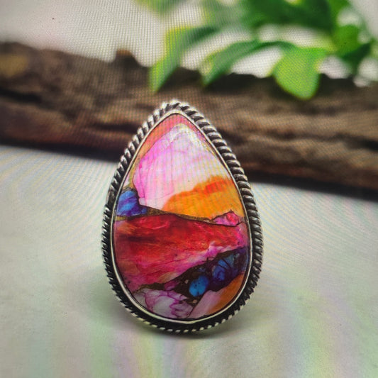 Pink Oyster Turquoise Gemstone Ring 925 Sterling Silver Handmade Size 10