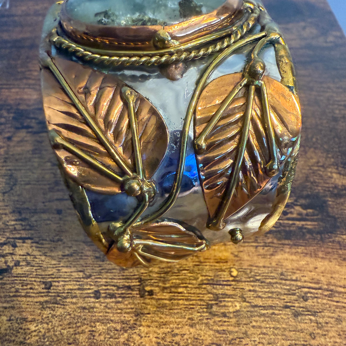 Moss Agate Wide Cuff Bracelet Mixed Metals Natural Stone Jewelry