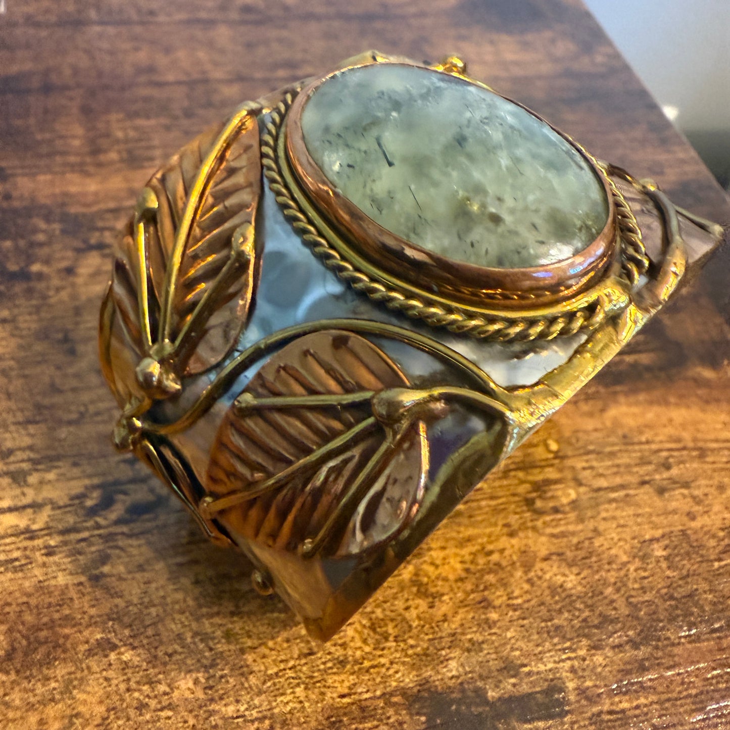 Moss Agate Wide Cuff Bracelet Mixed Metals Natural Stone Jewelry