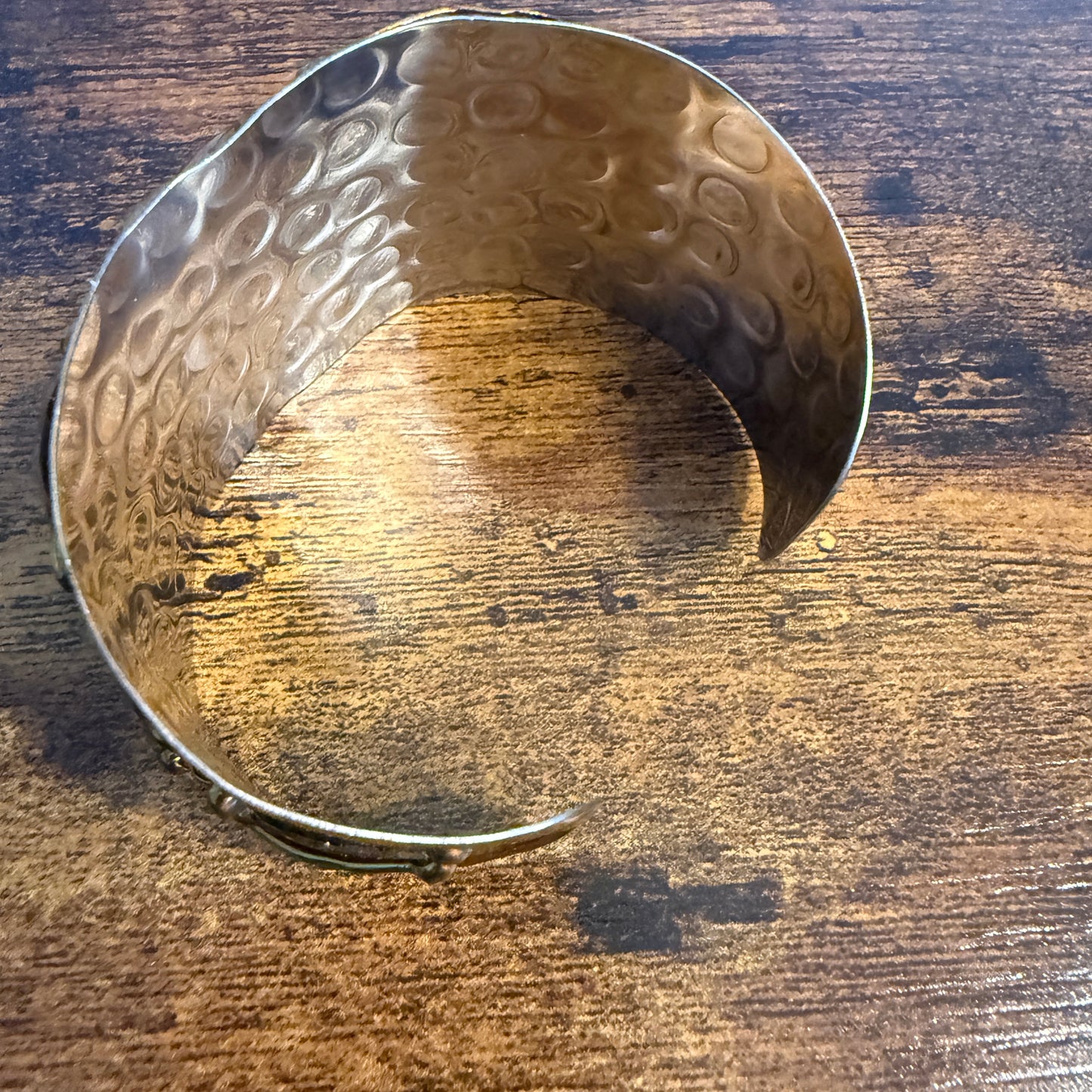 Moss Agate Natural Stone Wide Cuff Bracelet, Mixed Metals - open, hammered metal cuff.