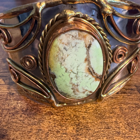 Lemon Chrysoprase Natural Stone Wide Cuff Bracelet In Mixed Metals