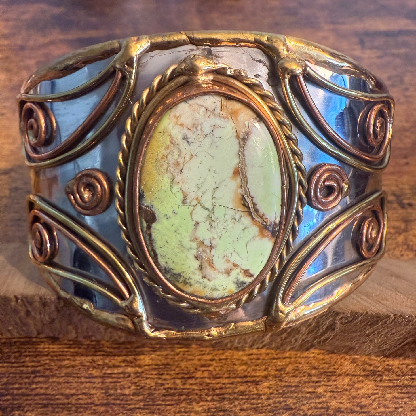Lemon Chrysoprase Natural Stone Wide Cuff Bracelet In Mixed Metals